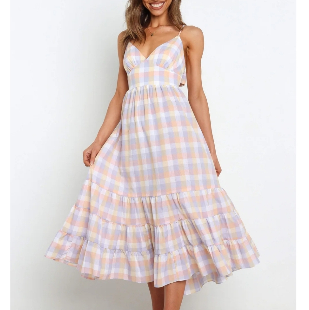 Jessica Simpson Gingham Check Midi Dress Womens Large Lilac Yellow Open Back
